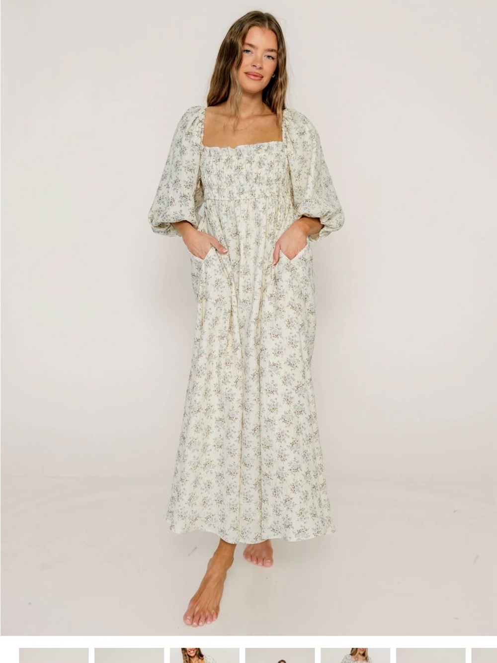 Smocked Square Neck Maxi Dress in Cream Floral